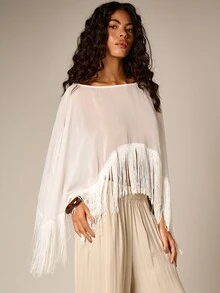 AiiRZ 雪纺披肩上衣，流苏细节，波西米亚风，半透明，飘逸长袖斗篷式上衣，适合节日和夏季穿着 - 白色 - 查看 5