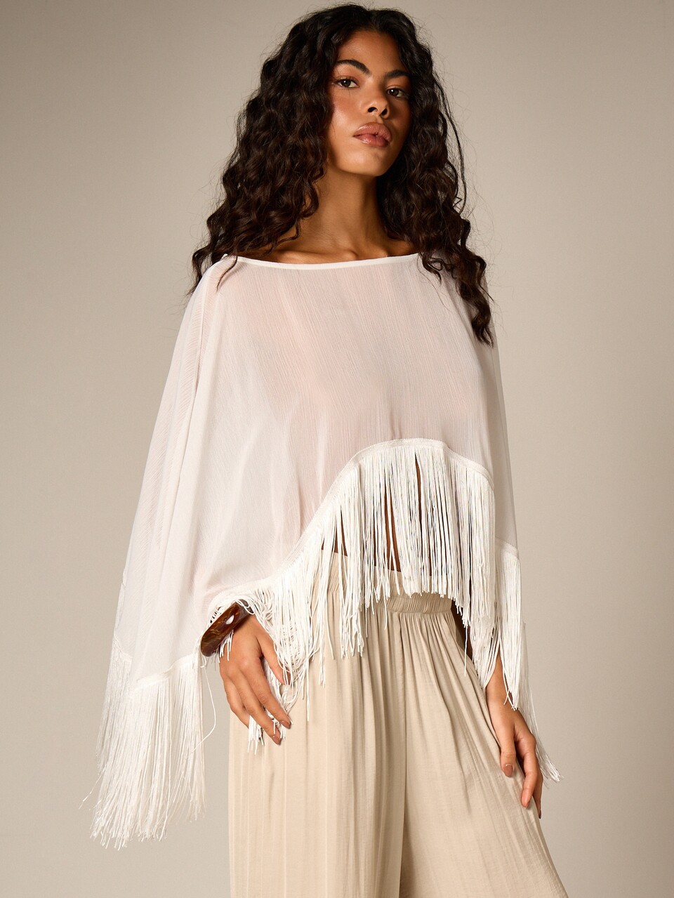 AiiRZ Chiffon Cape Top With Fringe Detail Boho Semi Sheer Flowing Long Sleeve Poncho Style Blouse Festival Summer