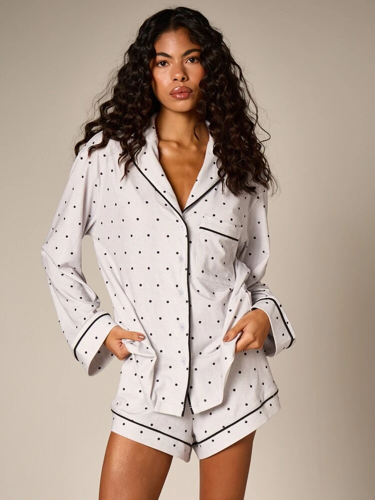 Polka Dot Pajama Set With Contrast Piping