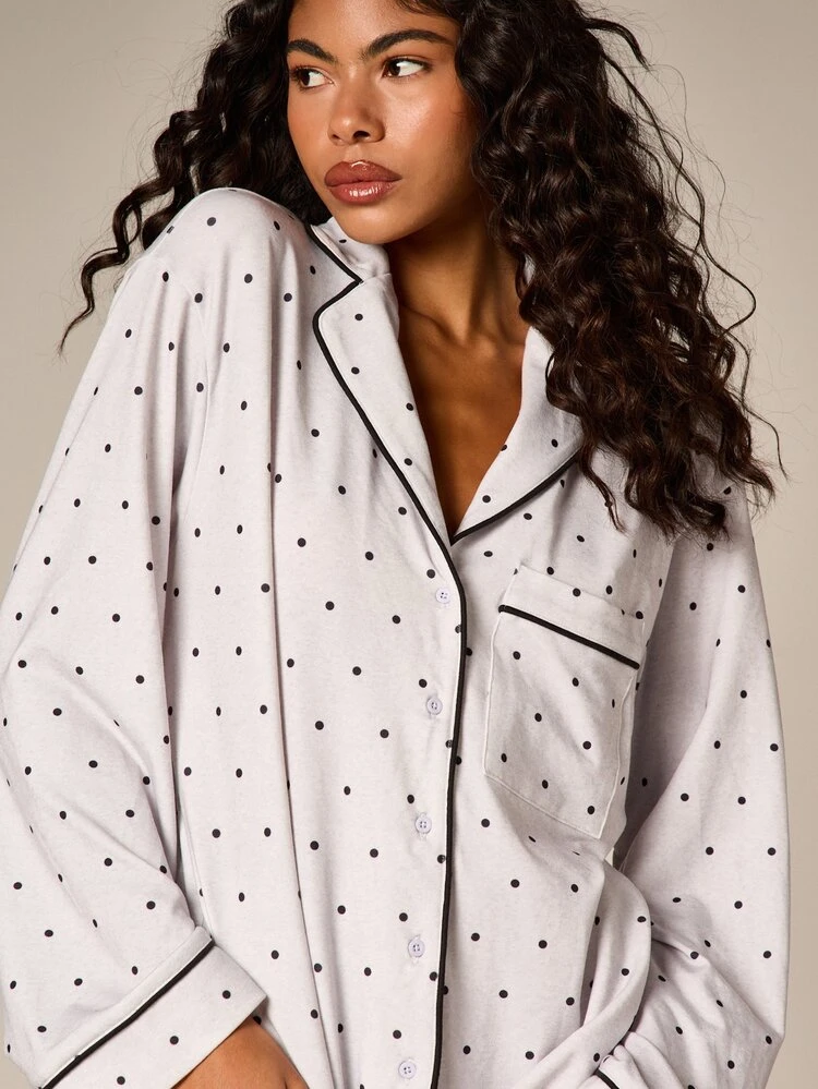 Polka Dot Pajama Set With Contrast Piping