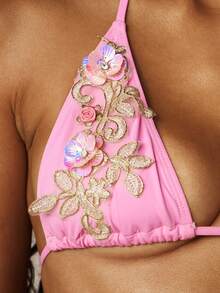 MISSGUIDED Pink Floral Applique Bikini Set With Embroidered Details Halter Top Triangle Bottom Summer Beach Swimwear Two Piece - Pink - View 6