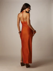 MISSGUIDED Đầm maxi cổ yếm xẻ tà bên hông, thân áo xếp ly ôm sát, thích hợp dự tiệc tối, màu cam, không tay, dài đến sàn, mùa hè. - trái cam - Xem 2