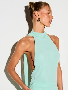 KIZN Halter Neck Asymmetric Mini Dress With High Neckline Ruched Waist And Side Tie Detail Perfect For Party Summer Evening - Mint Green - View 2