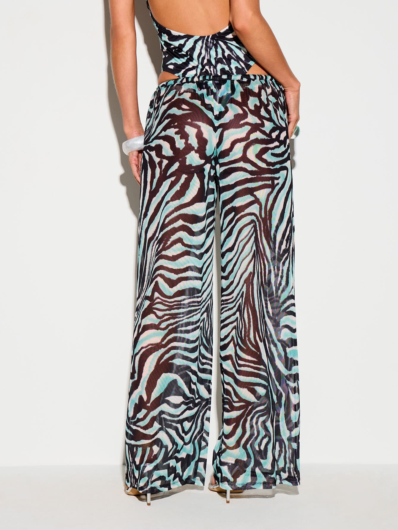 KIZN Zebra Print Mesh Wide Leg Palazzo Pants