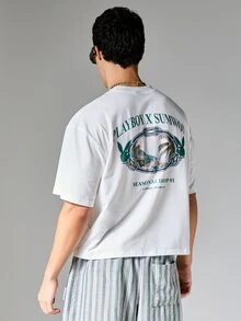 PLAYBOY X SUMWON 宽松版型图案T恤，热带印花，短袖，夏季沙滩季节限定款，棉混纺圆领休闲白衬衫 - 白色 - 查看 3