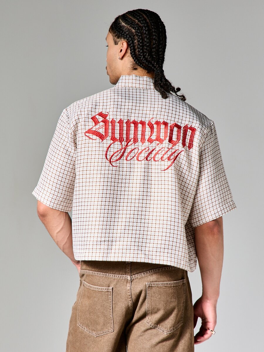 SUMWON Crop Fit Textured Check Shirt With Back Embroidery Button Down Collared Short Sleeve Casual Summer Business Office Style - Khaki - View 1
