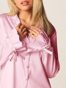MISSGUIDED Poplin Button Down Pajama Set With Ruffle Sleeves And Hem Details For Sleep And Loungewear - Pink - View 5