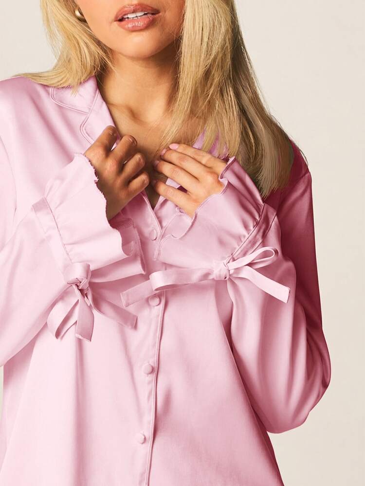 MISSGUIDED Poplin Button Down Pajama Set With Ruffle Sleeves And Hem Details For Sleep And Loungewear