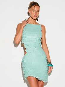 KIZN Turquoise Sequin Mini Dress Halter Neck Sleeveless Bodycon Party Club Night Out Summer Evening Backless Scalloped Edge Stretch - Mint Green - View 1