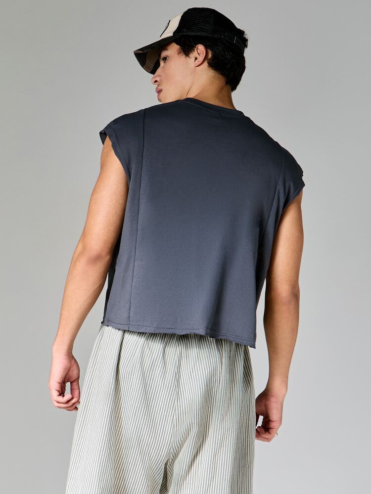 Regata Cropped de Carvão, Decote Careca, Ajuste Quadrado, Casual, Essencial de Verão, Streetwear, Básico, Cor Sólida