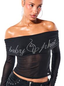 BABYPHAT Off Shoulder Rhinestone Script Mesh Long Sleeve Crop Top With Sheer Sleeves And Sparkle Text Detail - Black - View 4
