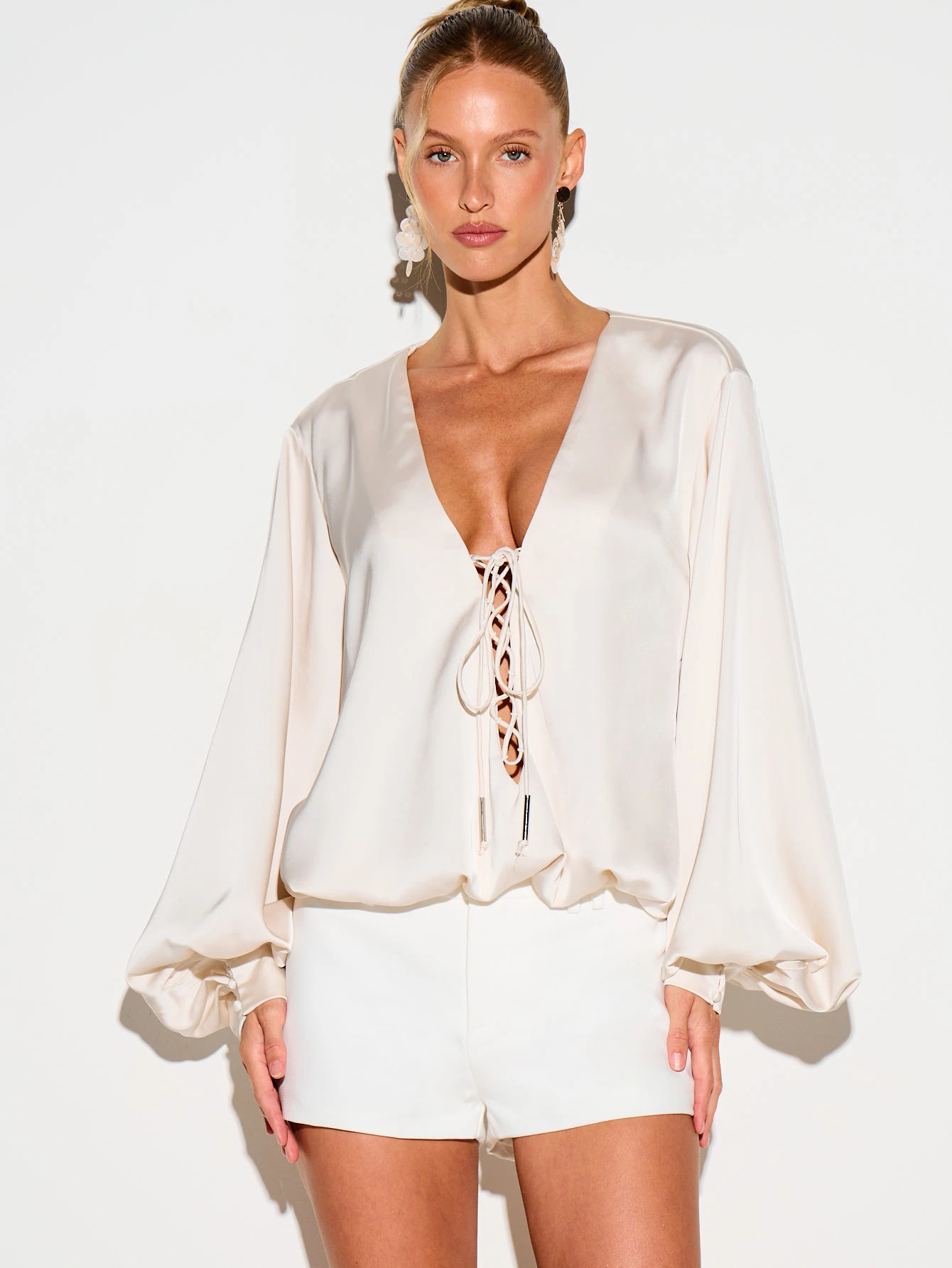 KIZN Satin Oversized Blouse With Lace Up Front