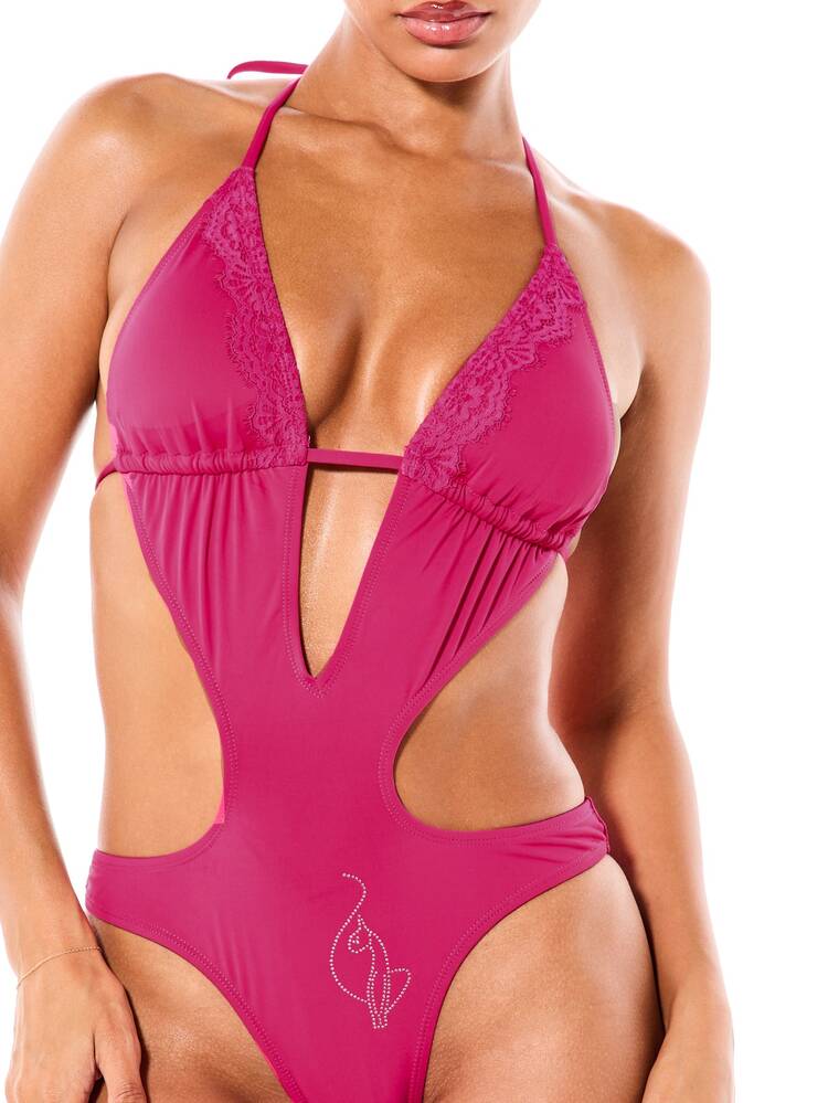 BABYPHAT Maiô Monoquíni com Decote Profundo, Decote Halter, Recorte e Detalhe em Renda, Recorte Lateral, Cintura Alta, Roupa de Banho de Verão para Praia, Resort e Festa na Piscina