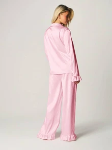MISSGUIDED Poplin Button Down Pajama Set With Ruffle Sleeves And Hem Details For Sleep And Loungewear - Pink - View 2