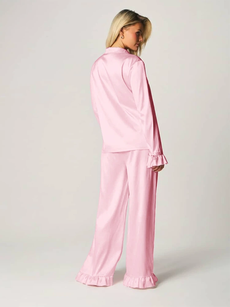 MISSGUIDED Poplin Button Down Pajama Set With Ruffle Sleeves And Hem Details For Sleep And Loungewear