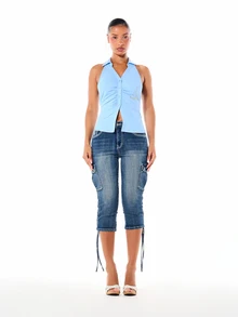 BABYPHAT Áo thun jersey ôm dáng, cổ yếm, không tay, cài cúc, cổ khoét sâu, chất liệu jersey, thích hợp cho mùa xuân hè, phong cách thường ngày. - Màu xanh nhạt - Xem 5