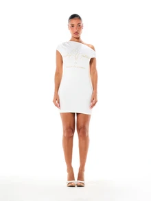 Off Shoulder Mini Dress With Gold Script Print And Tie Back Detail Perfect For Casual Party Occasions - White - View 4