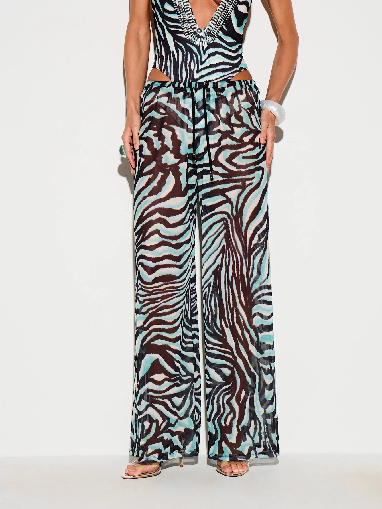 KIZN Zebra Print Mesh Wide Leg Palazzo Pants