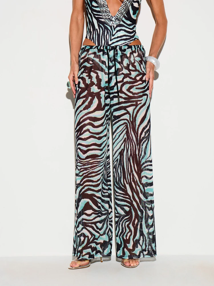 KIZN Zebra Print Mesh Wide Leg Palazzo Pants
