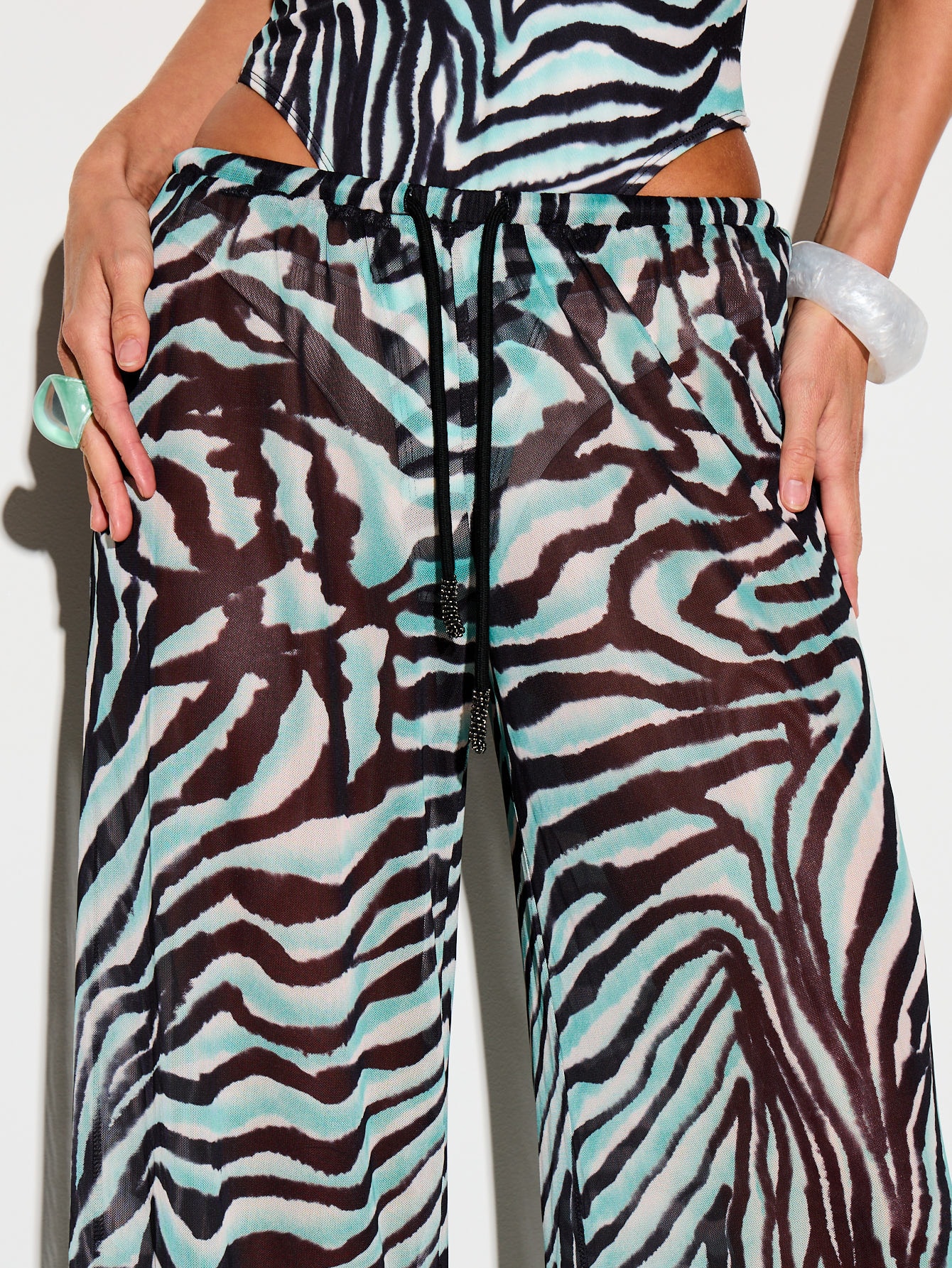 KIZN Zebra Print Mesh Wide Leg Palazzo Pants