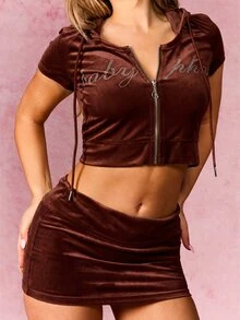 BABYPHAT Velour Hoodie With Rhinestone Embellishment Scoop Neck Short Sleeve Zip Up Sweatshirt - Chocolate Brown - View 4
