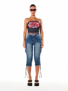 Áo croptop quây không dây in hình trái tim màu đen, kiểu dáng ống, thời trang Valentine. - màu đen - Xem 4