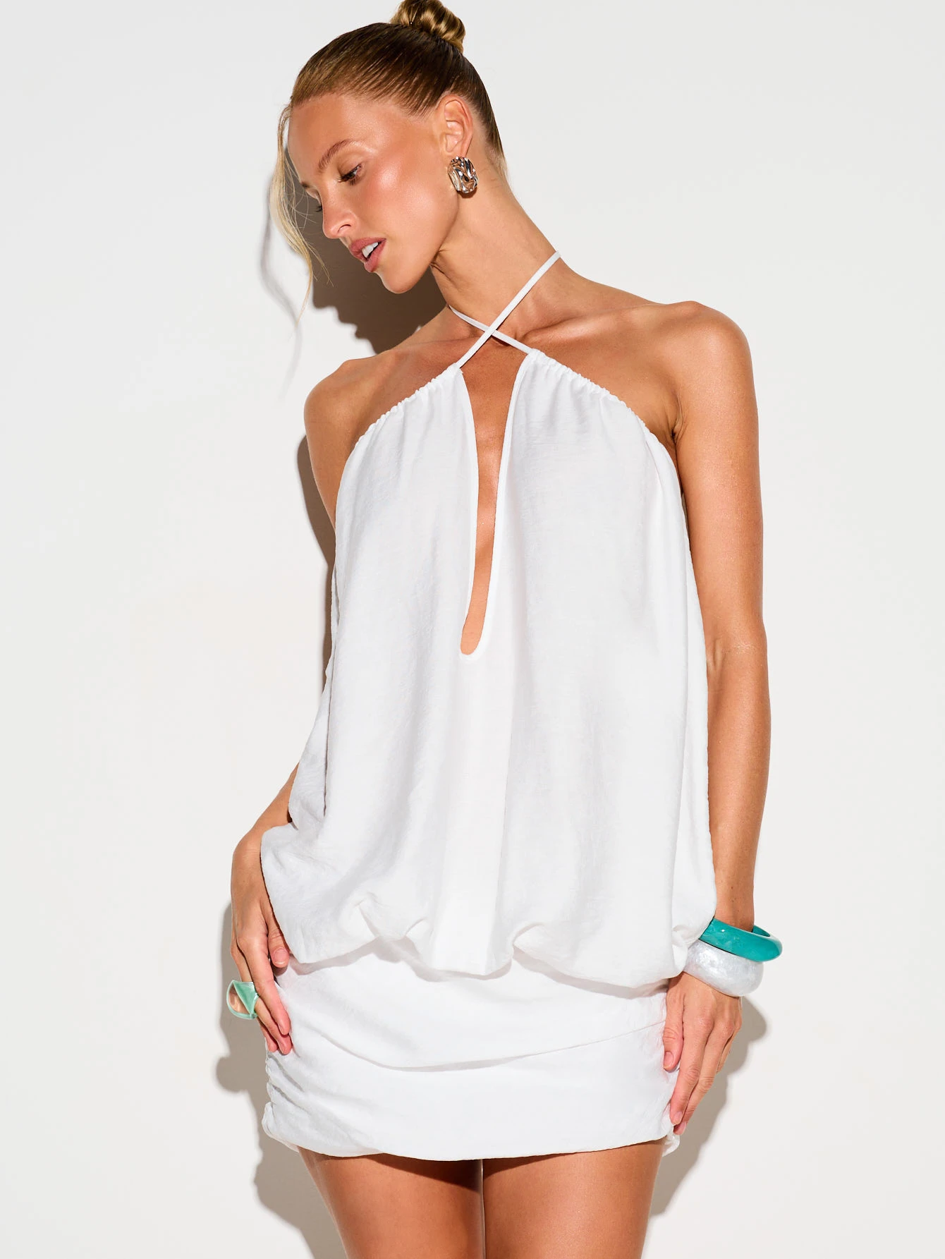 KIZN White Halter Neck Linen Feel Mini Dress With Cross Straps