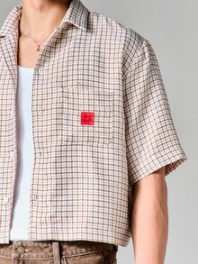 SUMWON Crop Fit Textured Check Shirt With Back Embroidery Button Down Collared Short Sleeve Casual Summer Business Office Style - Khaki - View 4
