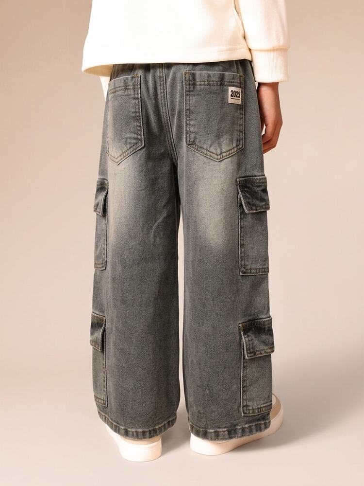 Calça Denim Cargo Tecida Masculina com Múltiplos Bolsos Cargo, Desgastada na Cor Cinza, Casual, Streetwear, Perna Larga, Ajuste Relaxado