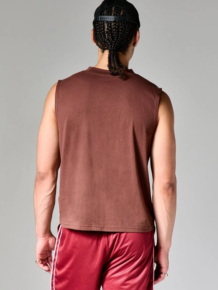 Top sin mangas de cuello redondo con ajuste ceñido y pequeño estampado en el pecho, de mezcla de algodón, para uso casual de verano con ajuste regular
