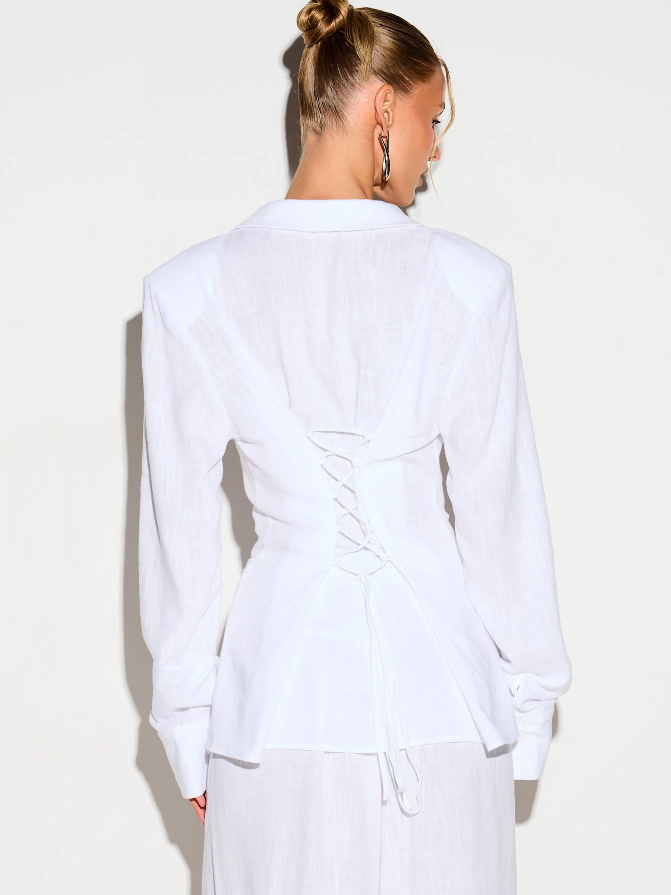 KIZN White Linen Button Up Shirt With Lace Back