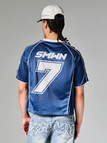 SUMWON Casual Crop Fit Mesh Jersey Tee With Piping Details Italia Number 7 Print Short Sleeve Crew Neck Summer Top, World Cup Sporty Game Streetwear Jersey - Navy Blue - View 2