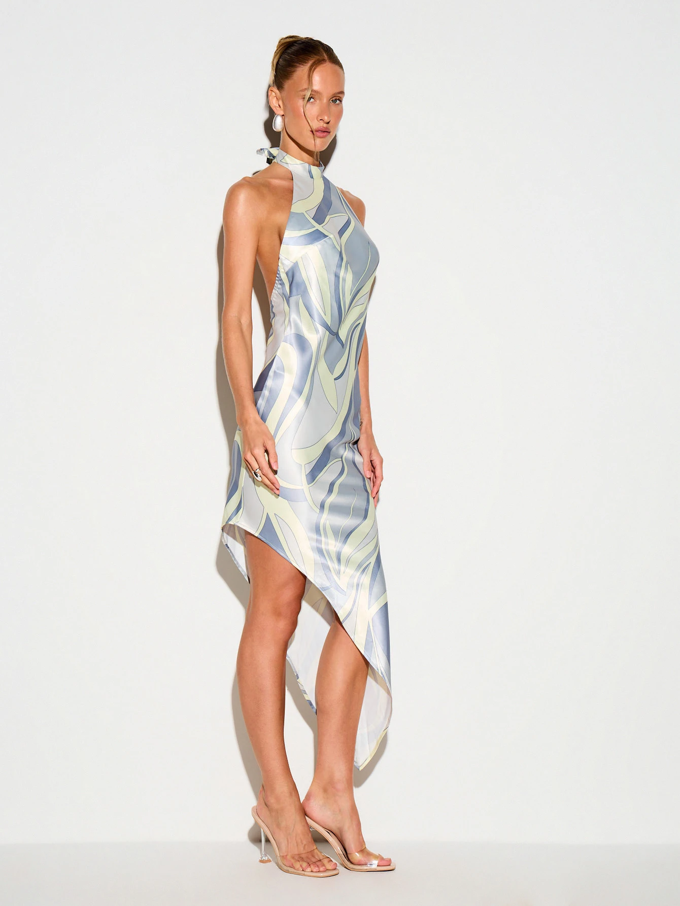 KIZN High Neck Swirl Print Asymmetrical Midi Dress