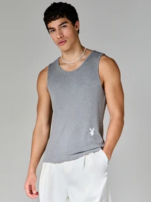 PLAYBOY X SUMWON Bunny Logo Grey Ribbed Tank Top With Crew Neck For Casual Summer Wear Holiday Style - Grey - View 1