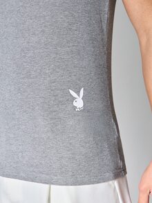 PLAYBOY X SUMWON Bunny Logo Grey Ribbed Tank Top With Crew Neck For Casual Summer Wear Holiday Style - Grey - View 4