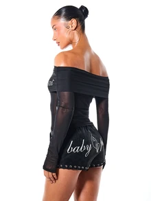 BABYPHAT Off Shoulder Rhinestone Script Mesh Long Sleeve Crop Top With Sheer Sleeves And Sparkle Text Detail - Black - View 2