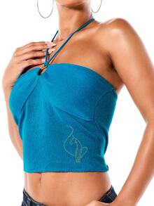 BABYPHAT 露背钩针编织吊带短款上衣，饰有环状细节，夏季节日罗纹背心 - 藍色 - 查看 5