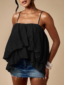 MISSGUIDED Bubble Hem Tiered Camisole Top With Adjustable Straps And Ruffle Detail For Summer Spring Festival Casual Wear - Black - View 6