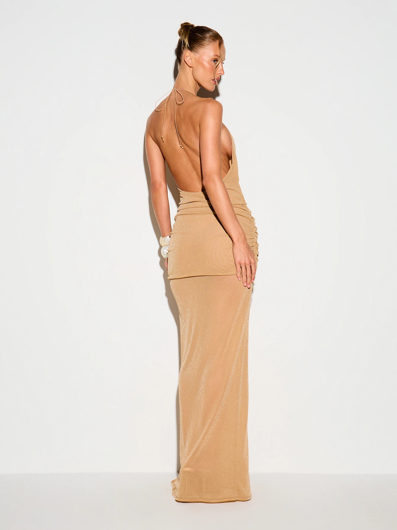 KIZN Gold Halter Cut Out Shell Trim Maxi Dress