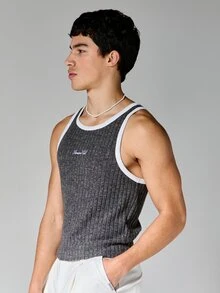 Charcoal Ribbed Tank Top With Contrast White Trim Sleeveless Summer Casual Streetwear - Multicolor - View 5