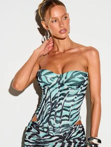 KIZN Áo corset lưới họa tiết da báo với thiết kế không dây và chi tiết buộc dây phía sau, món đồ thời trang nổi bật cho những đêm tiệc mùa hè. - màu đen - Xem 4