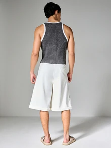 Charcoal Ribbed Tank Top With Contrast White Trim Sleeveless Summer Casual Streetwear - Multicolor - View 3