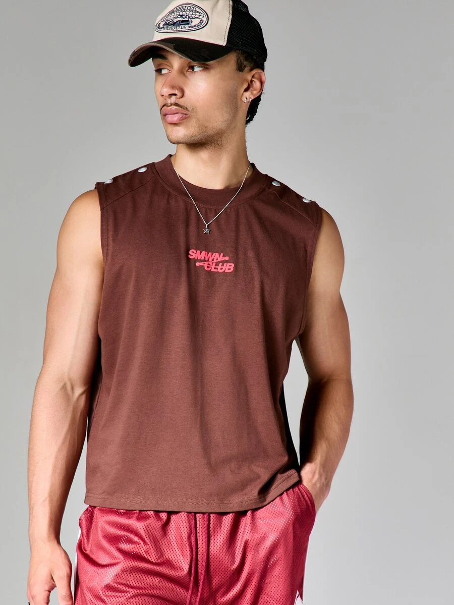 SUMWON Áo tank top ngắn tay cổ tròn dáng suông, in họa tiết nhỏ ở ngực, chất liệu cotton pha, thích hợp mặc mùa hè. - màu nâu - Xem 1