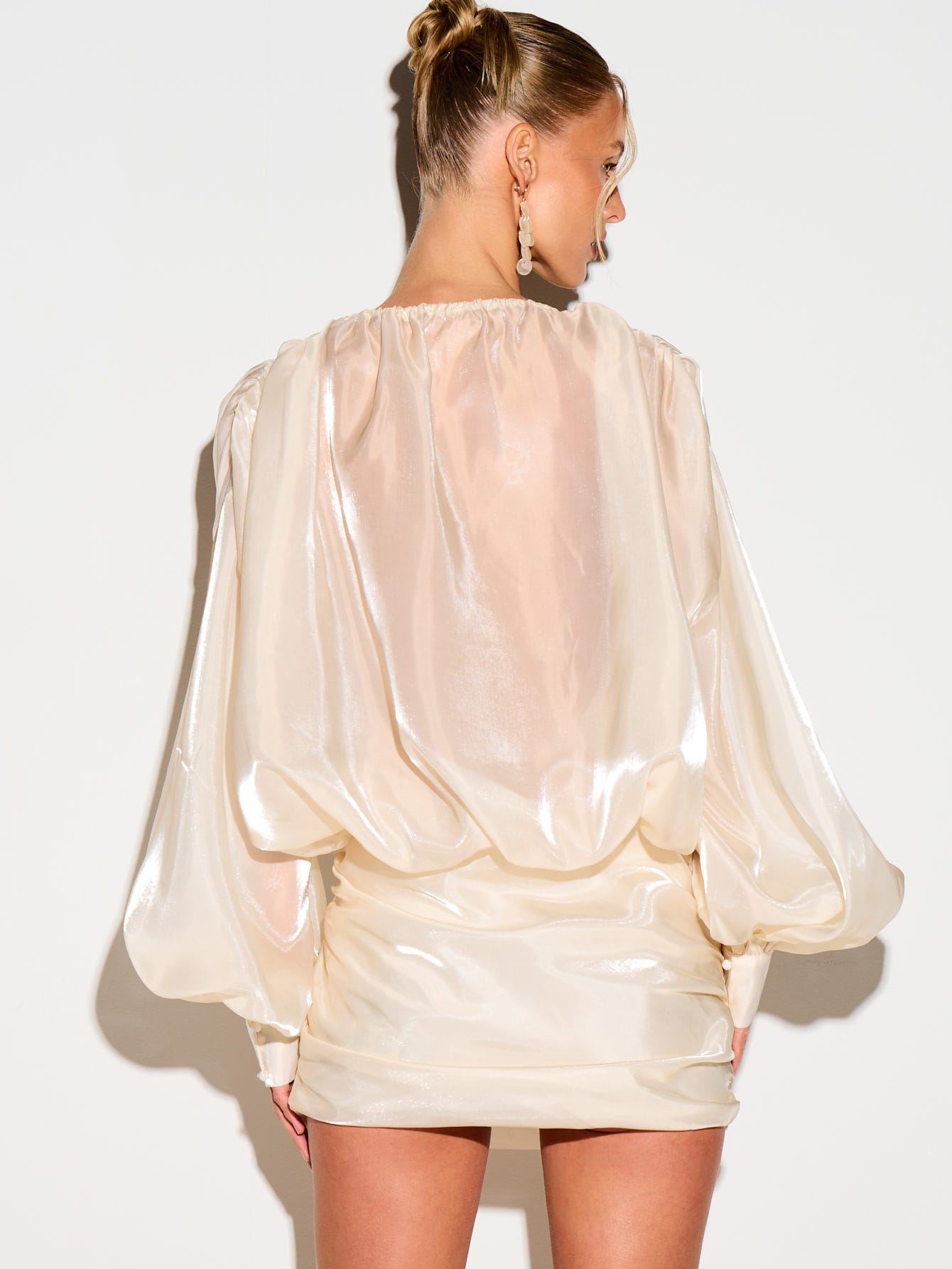 KIZN Satin Tie Neck Puff Sleeve Mini Dress