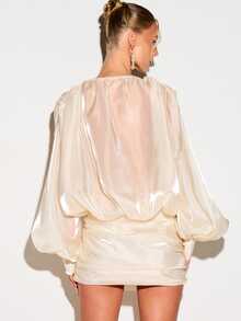 KIZN Satin Finish Tie Neck Mini Dress With Dramatic Puff Sleeves And Elastic Waist Detail Perfect For Party Evening Occasions - Apricot - View 3