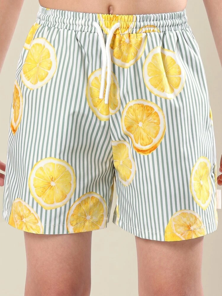 Citrus Orange Slice Swim Shorts With Vertical Stripes Beach Swimwear Summer Vacation Pool Swimming Boardshorts Quick Dry Elastic Waist