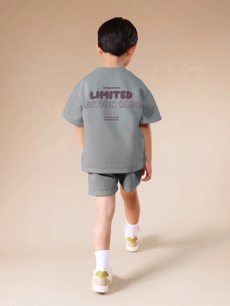 Oversized Boys Limited Edition Club Print Short Sleeve T Shirt And Drawstring Shorts Summer Co Ord Set With Ribbed Neckline