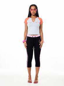 BABYPHAT Áo thun raglan tay ngắn cổ chữ V ôm sát, in logo và chữ viết. - Màu xanh nhạt - Xem 3