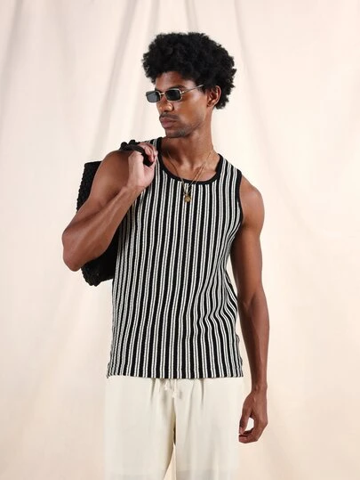 SUMWON Áo tank top dệt kim sọc ngang, không tay, cổ tròn, dáng regular fit, họa tiết sọc dọc, thích hợp mặc mùa hè.