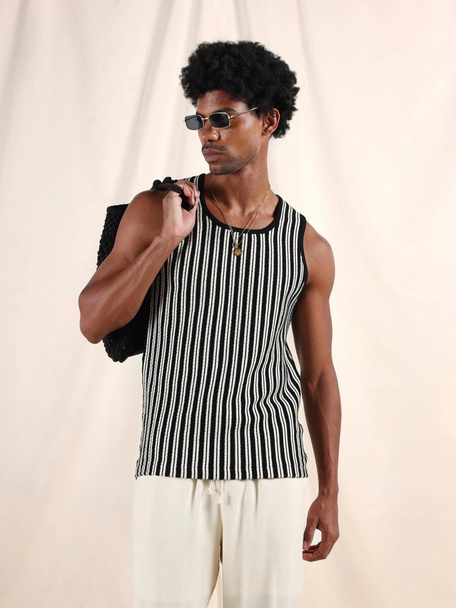 SUMWON Textured Striped Knit Tank Top Sleeveless Crew Neck Regular Fit Summer Casual Vertical Striped Pattern Men's Vest - Black and White - View 1